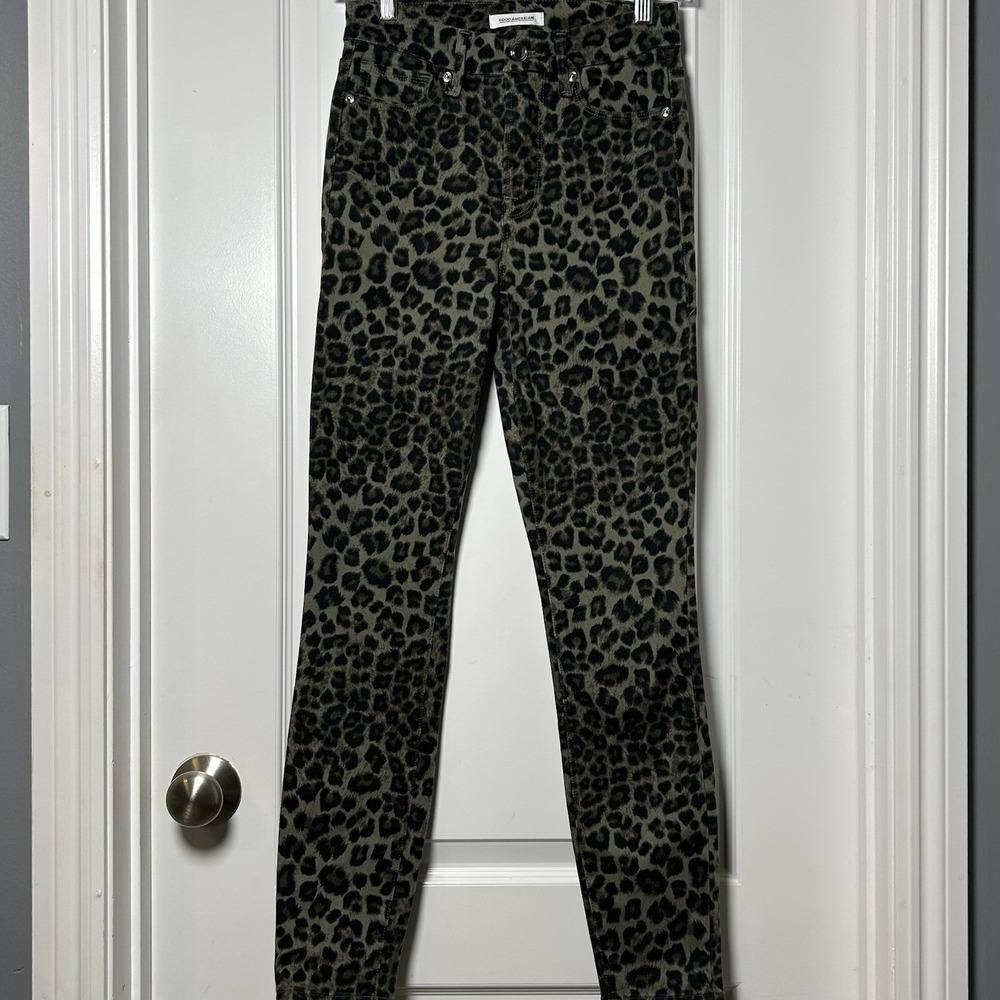 Good American Good Waist Crop Olive Leopard Print Skinny Jeans Mon Wife Style - Picture 1 of 2